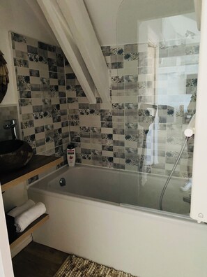 Hair dryer, towels, soap, toilet paper