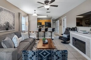 TV, fireplace, video games