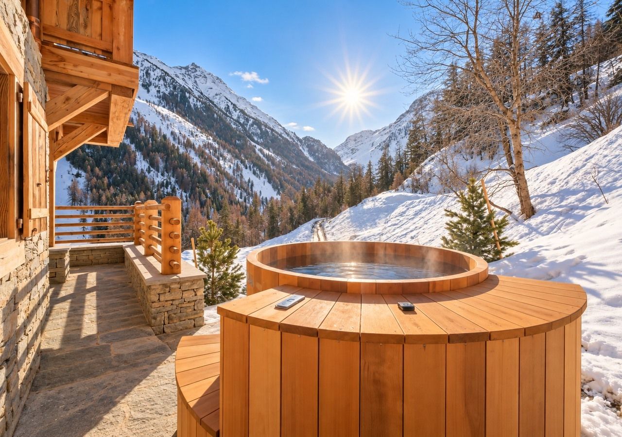 Un bain à remous en bois, situé dans une région montagneuse enneigée, sous un ciel dégagé.