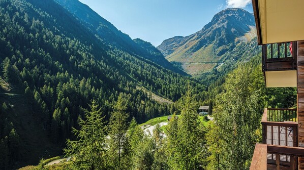 A mountain landscape with dense forests and a small cabin.