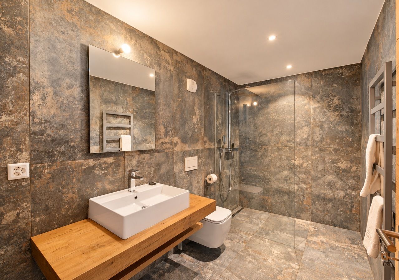 Een moderne badkamer met een houten wastafelmeubel, een witte wasbak, een glazen douchecabine en een vloer betegeld met marmer.
