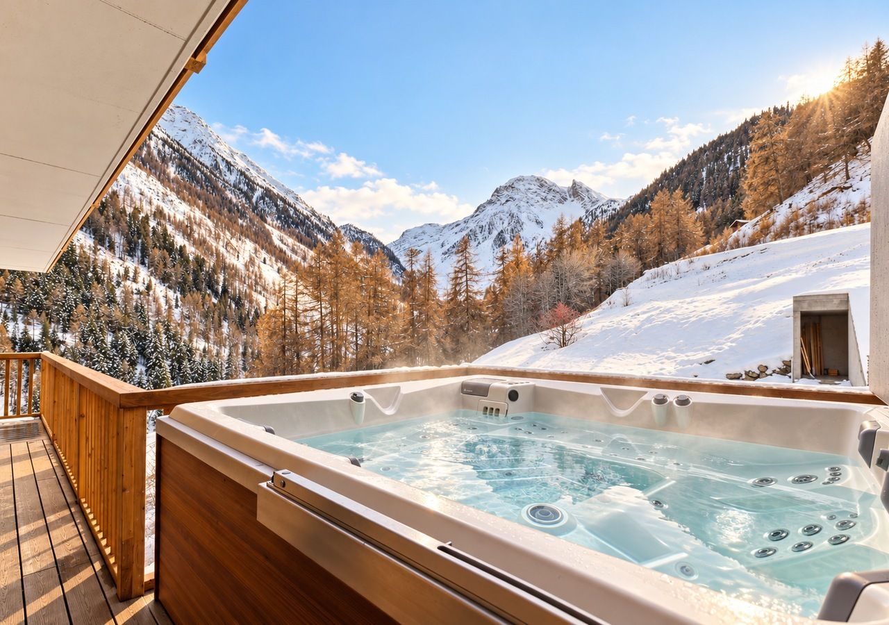 A hot tub on a wooden deck with a mountainous landscape in the background.