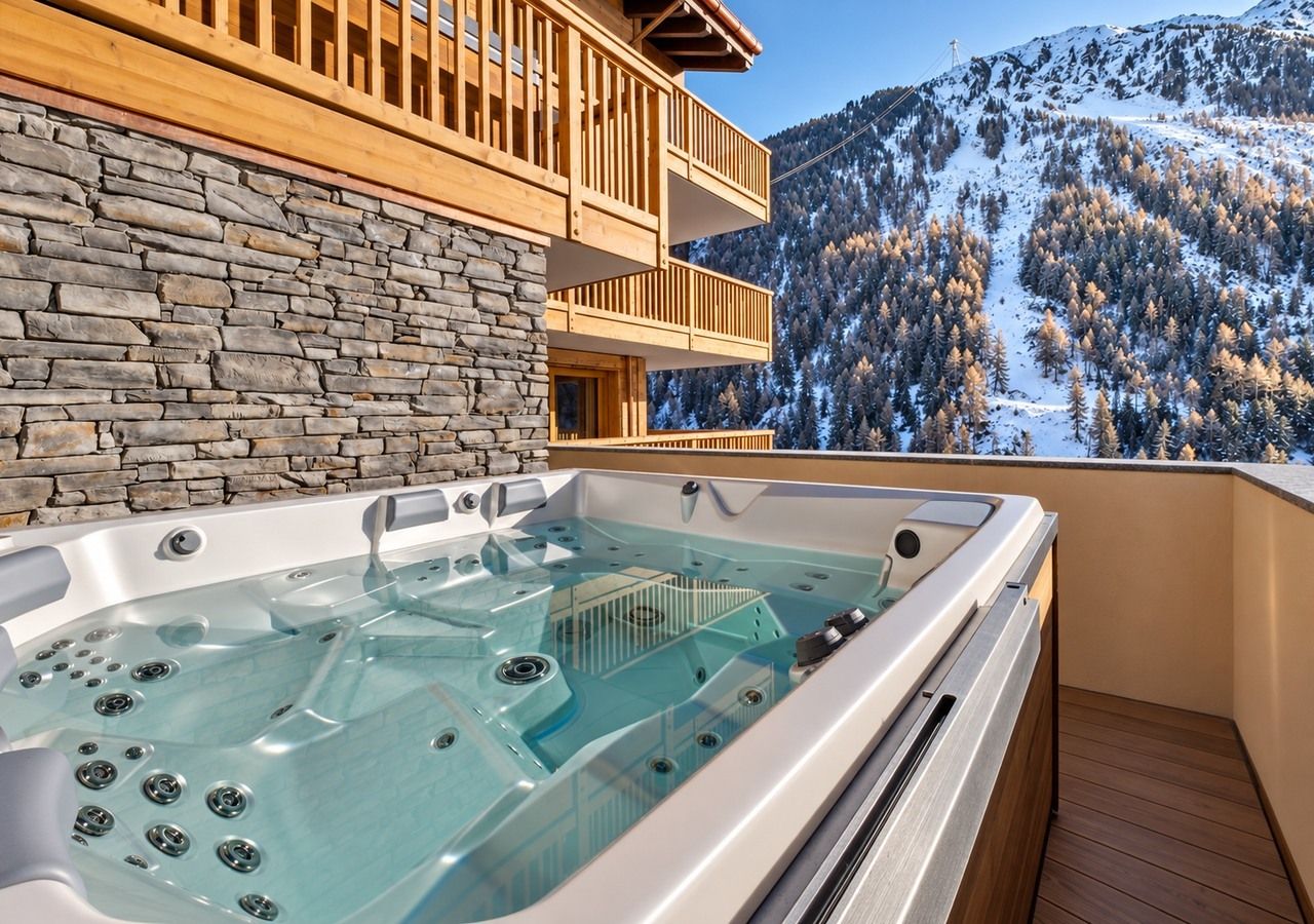 A hot tub with a stone wall and wooden balcony overlooking a snowy mountain.