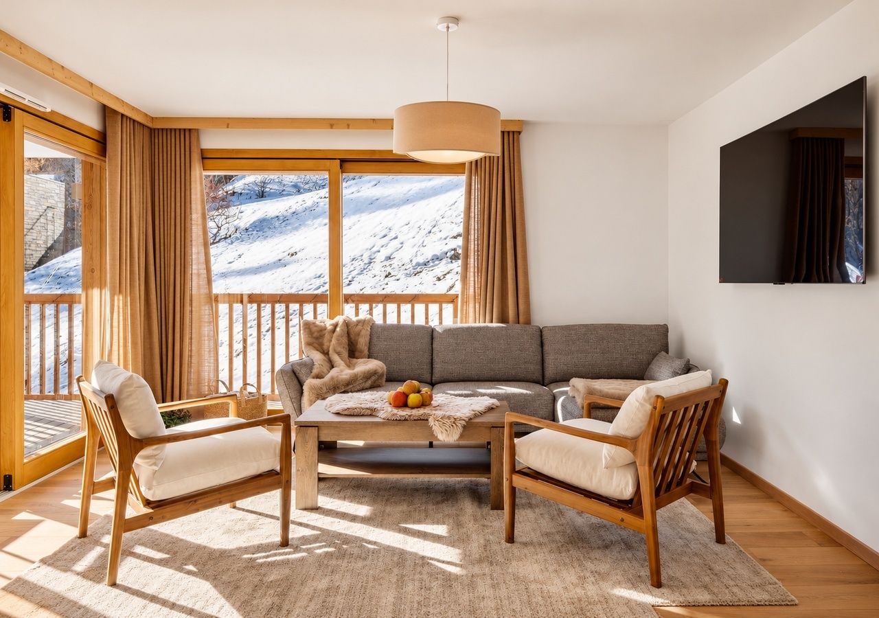 Un salon moderne doté d’une grande fenêtre, d’un canapé, de deux fauteuils, d’une table basse et d’un téléviseur fixé au mur.
