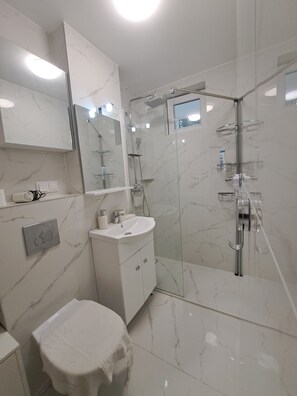 A modern bathroom with a glass-enclosed shower, a white sink, and a toilet. - Family Heritage from past to the future (Sibiu)