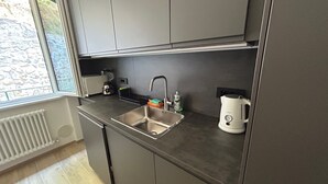 A modern kitchen with grey cabinets, a stainless steel sink, a kettle, and a blender. - Oleandri cosy Apartment Near best beaches (Monterosso al Mare)