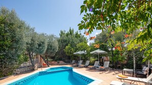 A swimming pool with lounge chairs and umbrellas, surrounded by trees and a stone wall. - Villa Katerina Dio in Asteri (Rethymno)