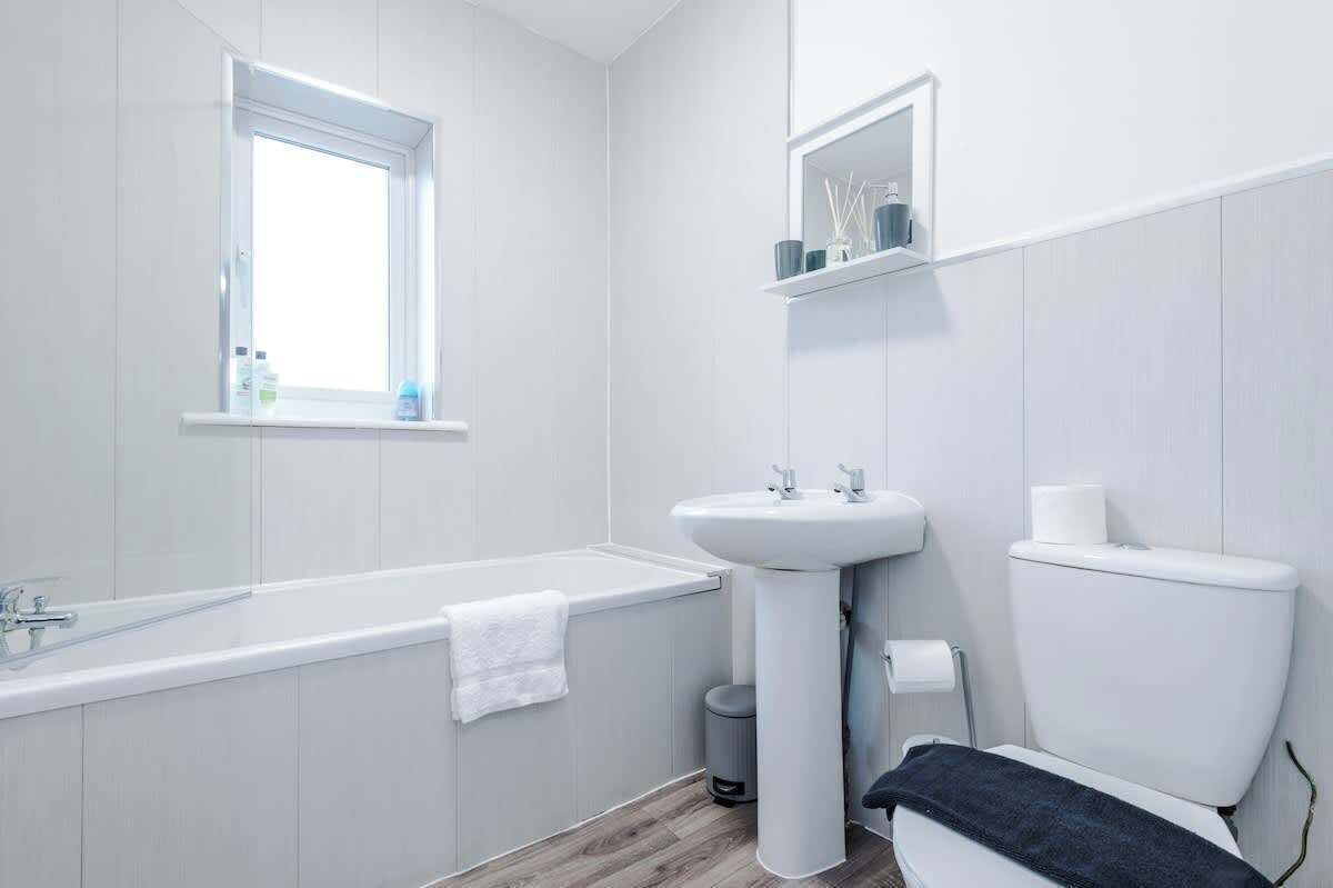 Shower, hair dryer, shampoo