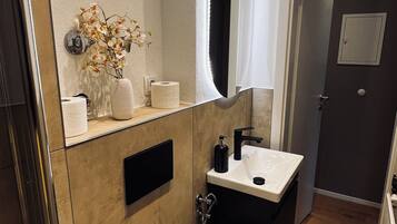 Dusche, Haartrockner, Handtücher, Seife