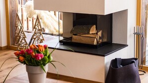 A modern living room with a fireplace, wooden decor, and a potted plant. - Duplex de Luxe, 5 chambres Rahas A Grimentz - By Mrs Miggins (Grimentz)