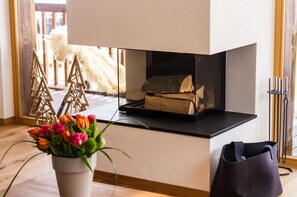 A modern living room with a fireplace, wooden decor, and a potted plant. - Duplex de Luxe, 5 chambres Rahas A Grimentz - By Mrs Miggins (Grimentz)