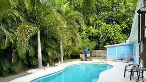 Uma piscina com borda curva, rodeada por palmeiras e uma casa azul ao fundo.