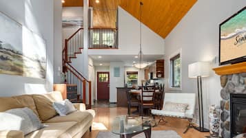 Smart TV, fireplace, books