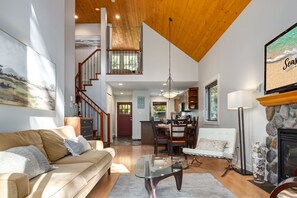 Smart TV, fireplace, books