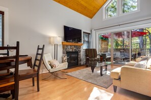 Smart TV, fireplace, books