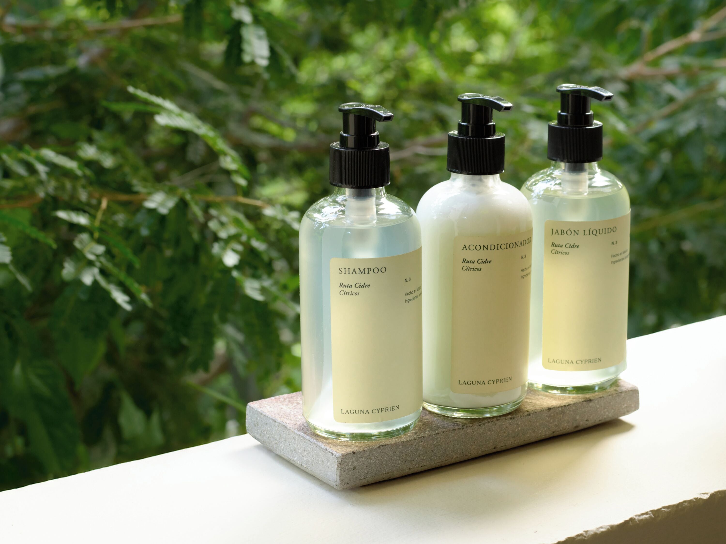 Trois bouteilles de savon liquide, posées sur une étagère en pierre, avec un arrière-plan de feuillage verdoyant.