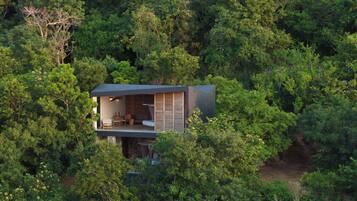 Una casa del árbol moderna con balcón, rodeada de un bosque frondoso.