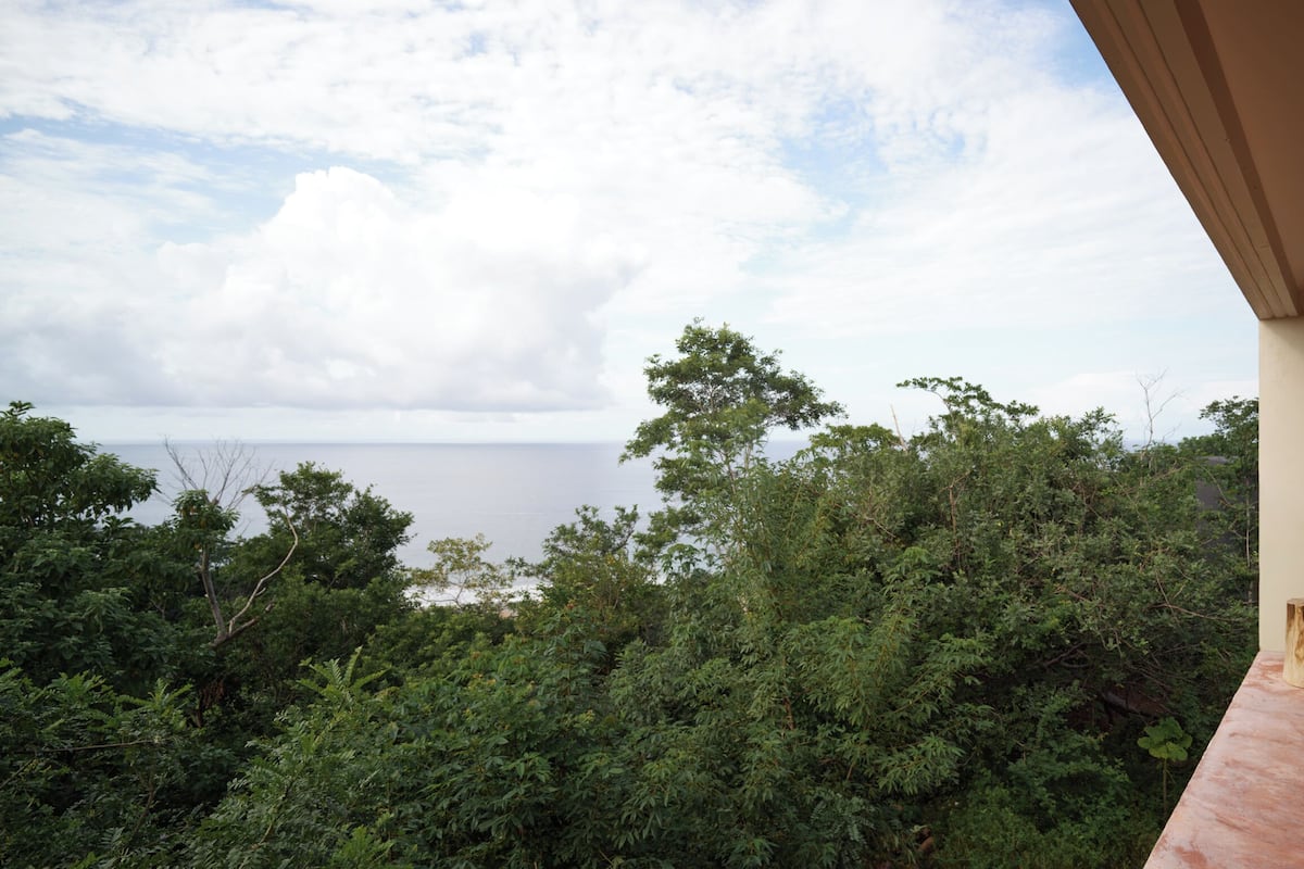 Un balcon donnant sur la mer, entouré d’une végétation luxuriante.