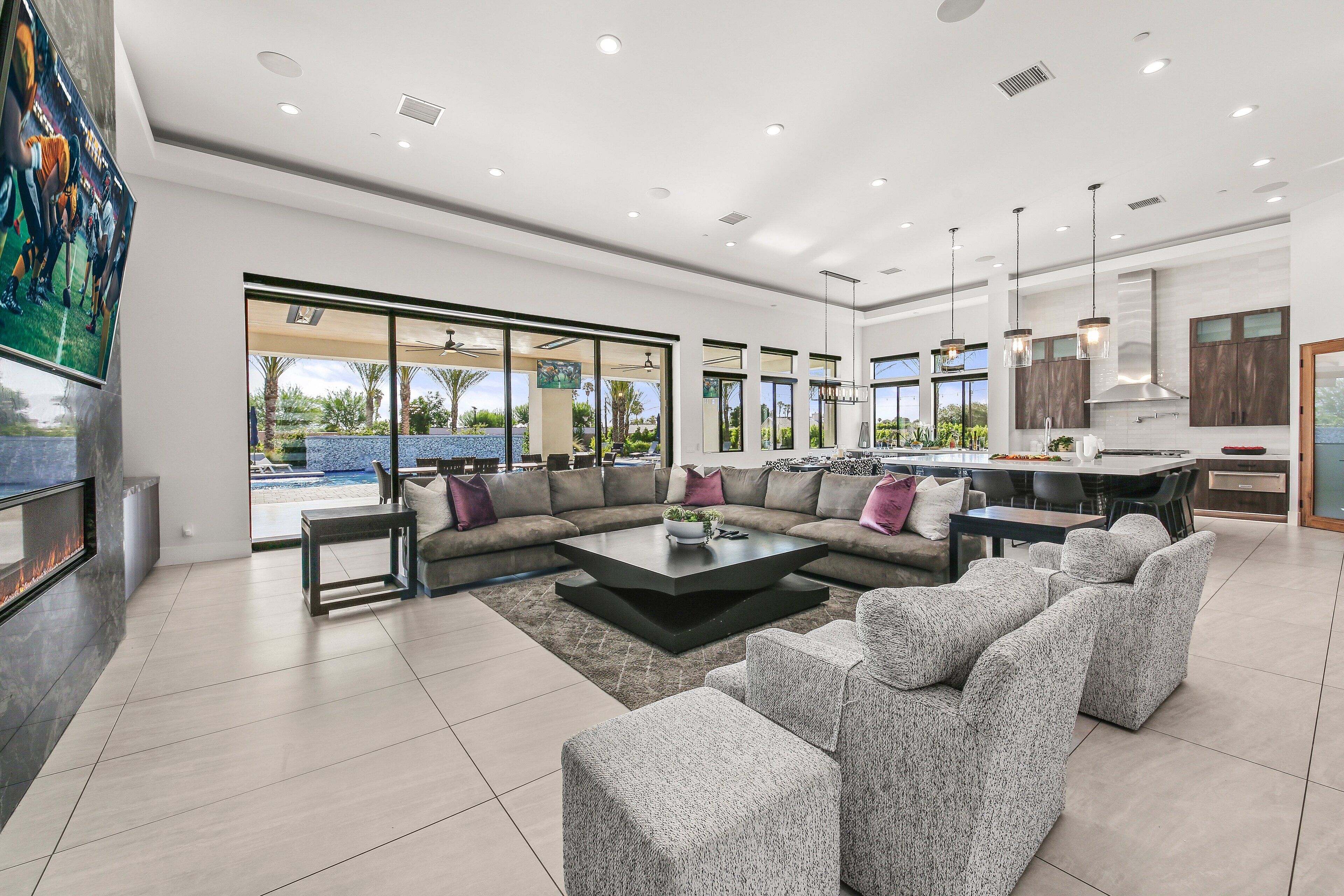 House, Multiple Beds, Pool Access, Pool View (Palm Villa- Luxury 7 Bed, Pickleball) | Living area | 42-inch flat-screen TV with digital channels