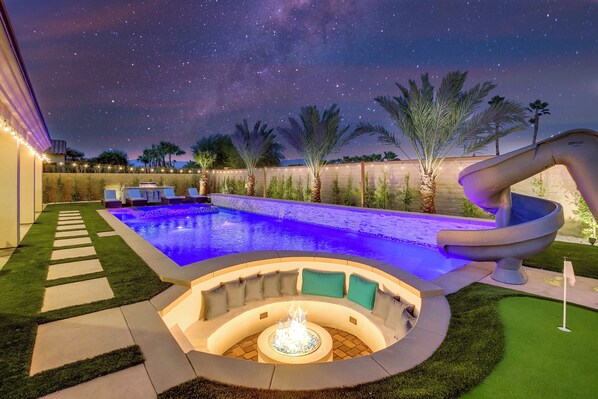 Outdoor pool, a heated pool - Wanderlust: Pool/spa, Waterslide, Firepit, Game Rm (Indio)