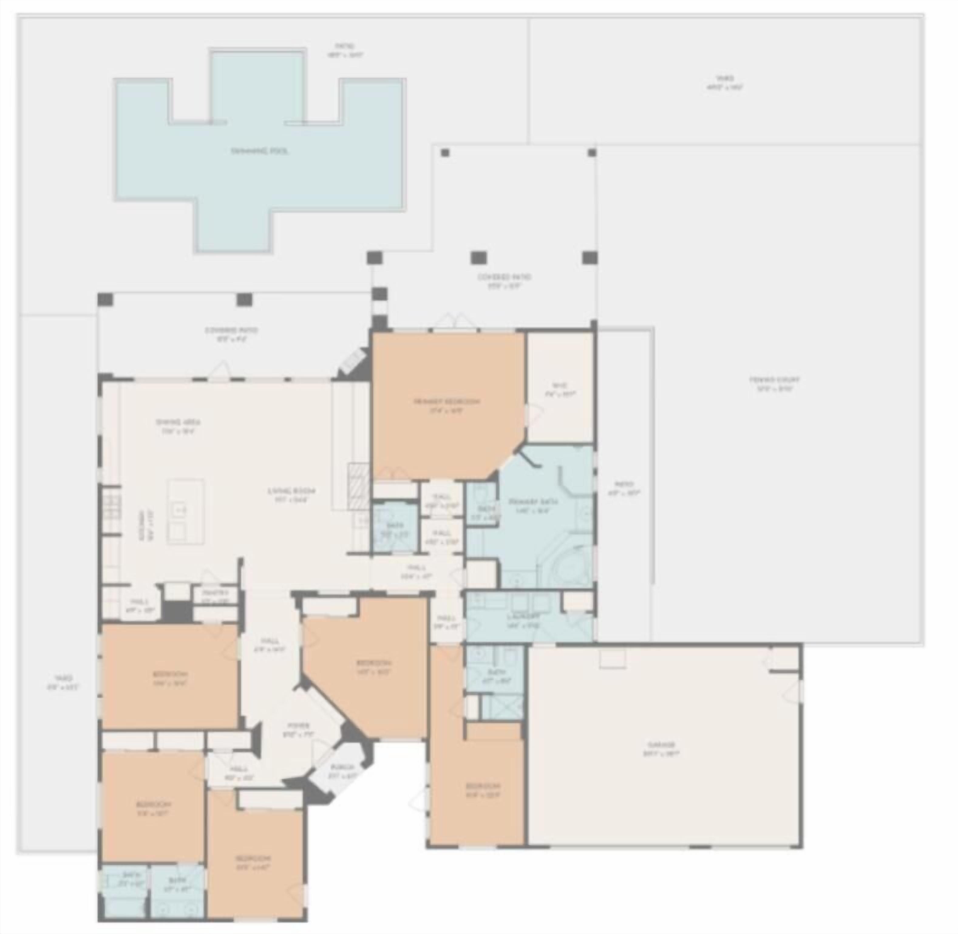 Plano de planta de un edificio con varias habitaciones, incluyendo dormitorios, baños y una sala de estar.