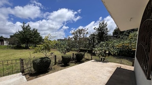 A covered patio area with a concrete floor, surrounded by a variety of trees and shrubs. - Casa rodeada de naturaleza  (Zacatlán)