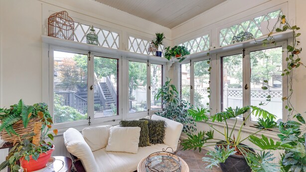 Une pièce baignée de lumière, avec un canapé blanc, un fauteuil en osier et diverses plantes en pot.