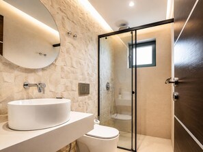 Shower, hair dryer, towels