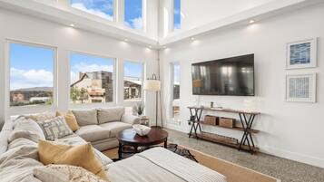 Smart TV, fireplace, foosball