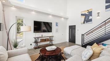 Smart TV, fireplace, foosball