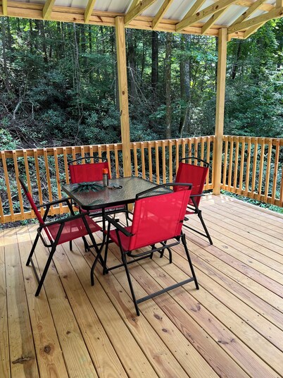  Tiny Cabin in the Laurels, with queen bed & queen sofa bed in wooded setting.