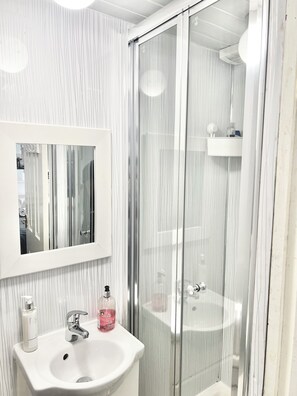 Sèche-cheveux, serviettes fournies, savon, papier toilette