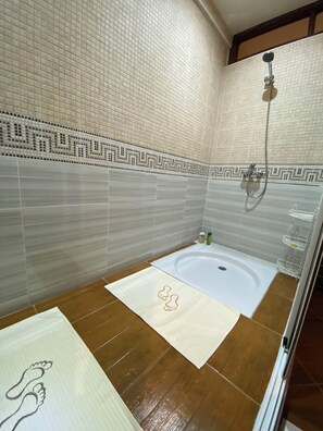 Hair dryer, towels, soap, shampoo