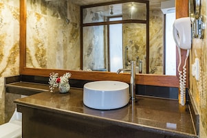 Double Room, Multiple Beds, Balcony, Mountain View | Bathroom | Shower, free toiletries, hair dryer, towels