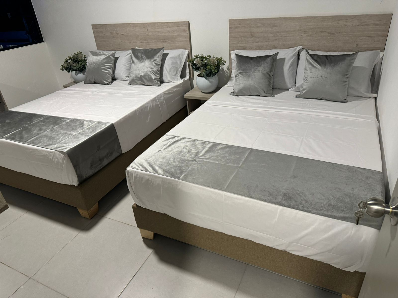 Two twin beds with grey and white bedding, wooden headboards, and small potted plants on nightstands.