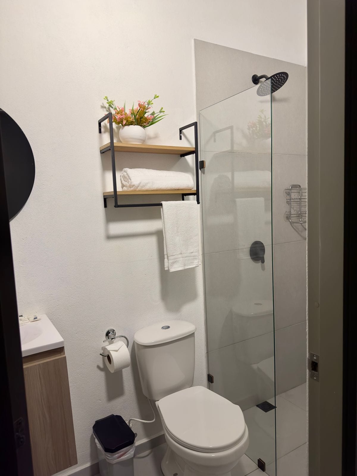 Un baño moderno con inodoro, cabina de ducha de vidrio, estante con toallas y una planta pequeña.