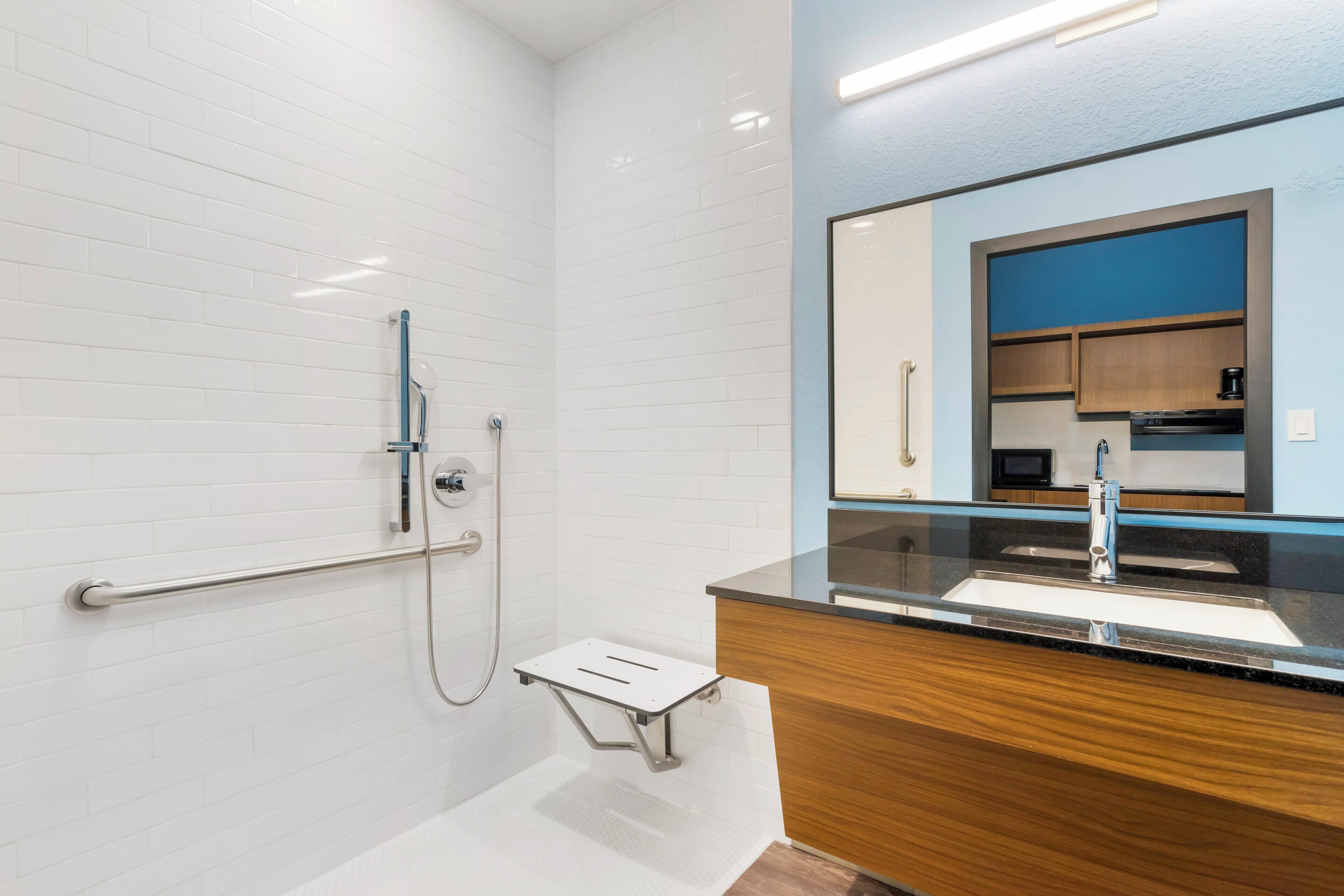 Studio, 1 Queen Bed, Accessible, Non Smoking (Roll-In Shower) | Bathroom | Hair dryer, towels