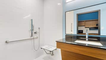 Studio, 1 Queen Bed, Accessible, Non Smoking (Roll-In Shower) | Bathroom | Hair dryer, towels