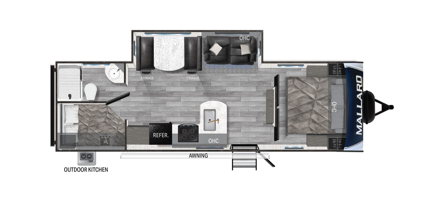 This RV will accommodate 4 adults or two adults and 3-4 kids.