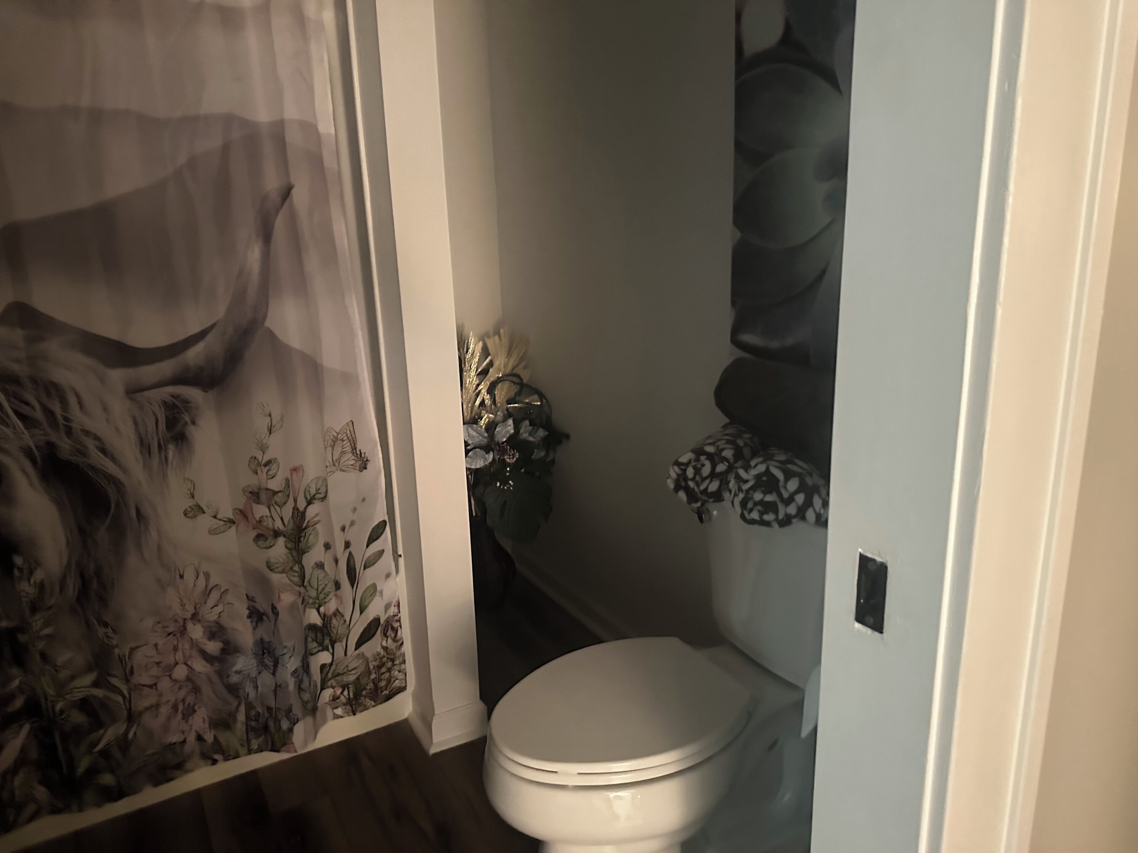 A bathroom with a toilet, a floral shower curtain, and a decorative plant.