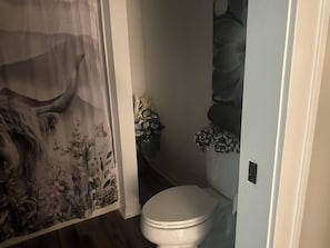 Une salle de bain avec des toilettes, un rideau de douche à motifs floraux et une plante décorative.