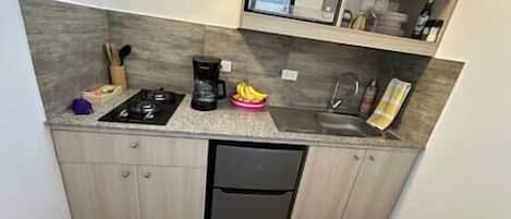 Réfrigérateur, micro-ondes, cafetiÚre/bouilloire, grille-pain