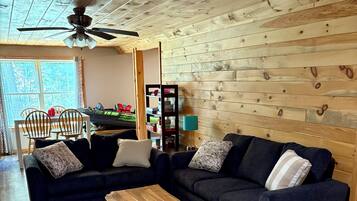 Smart TV, fireplace, books