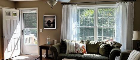 Smart TV, fireplace, books