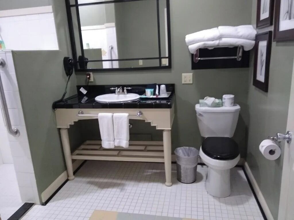 A bathroom with a sink, mirror, toilet, and towel rack.