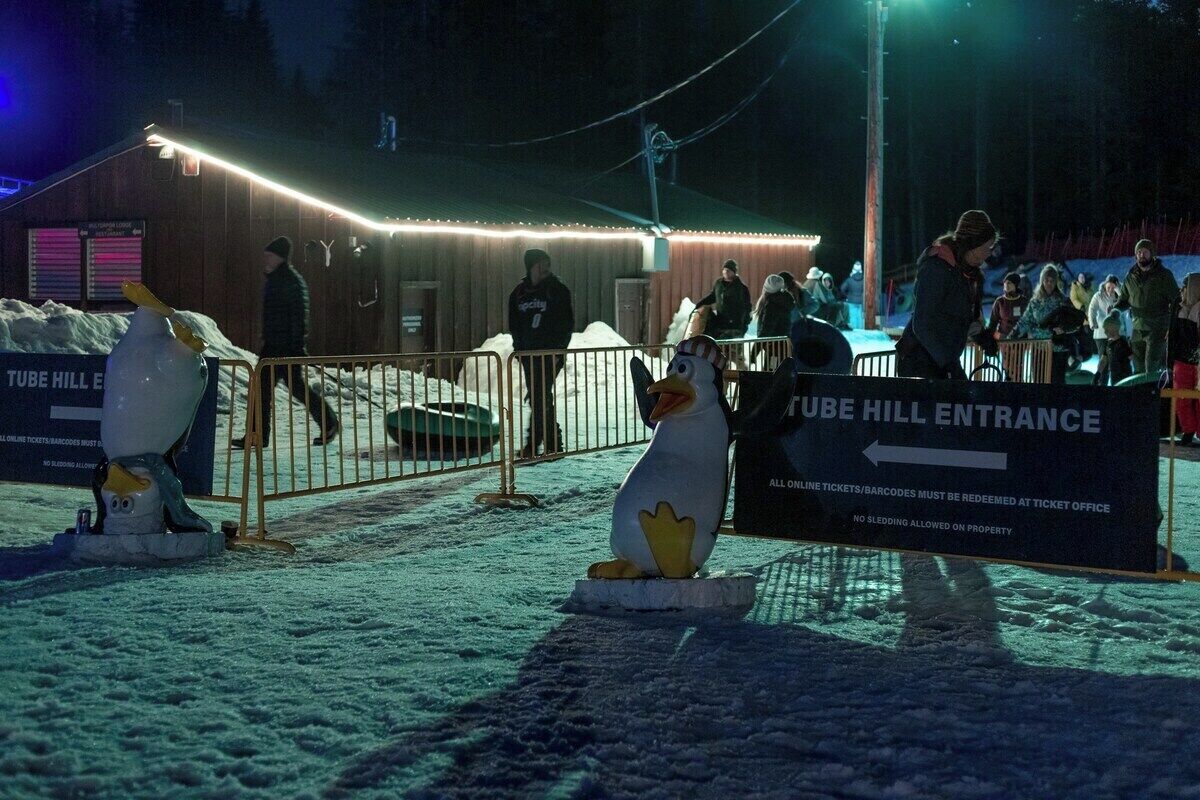 A snowy entrance area with penguin statues and a sign indicating the entrance to Tube Hill.