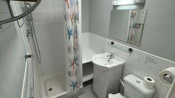 A bathroom with a shower, toilet, sink, and a mirror.