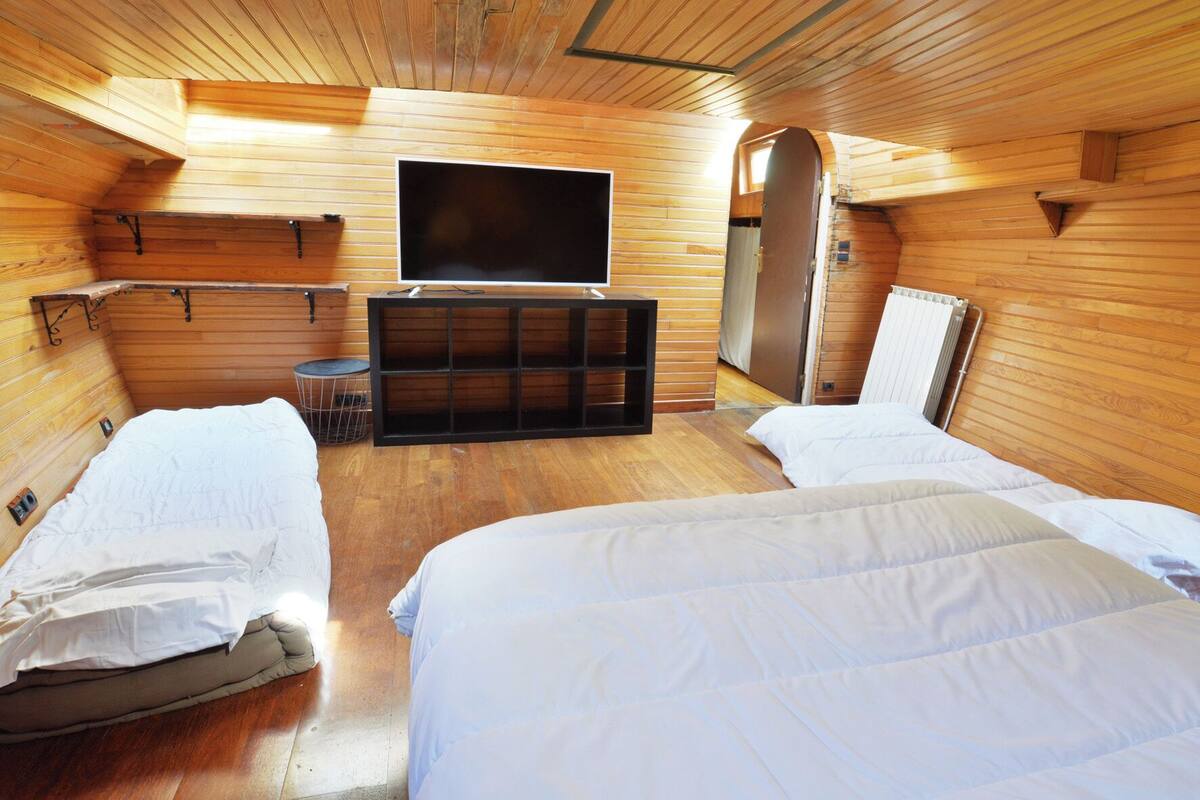 Een chalet met twee bedden, een televisie en een zithoekje.