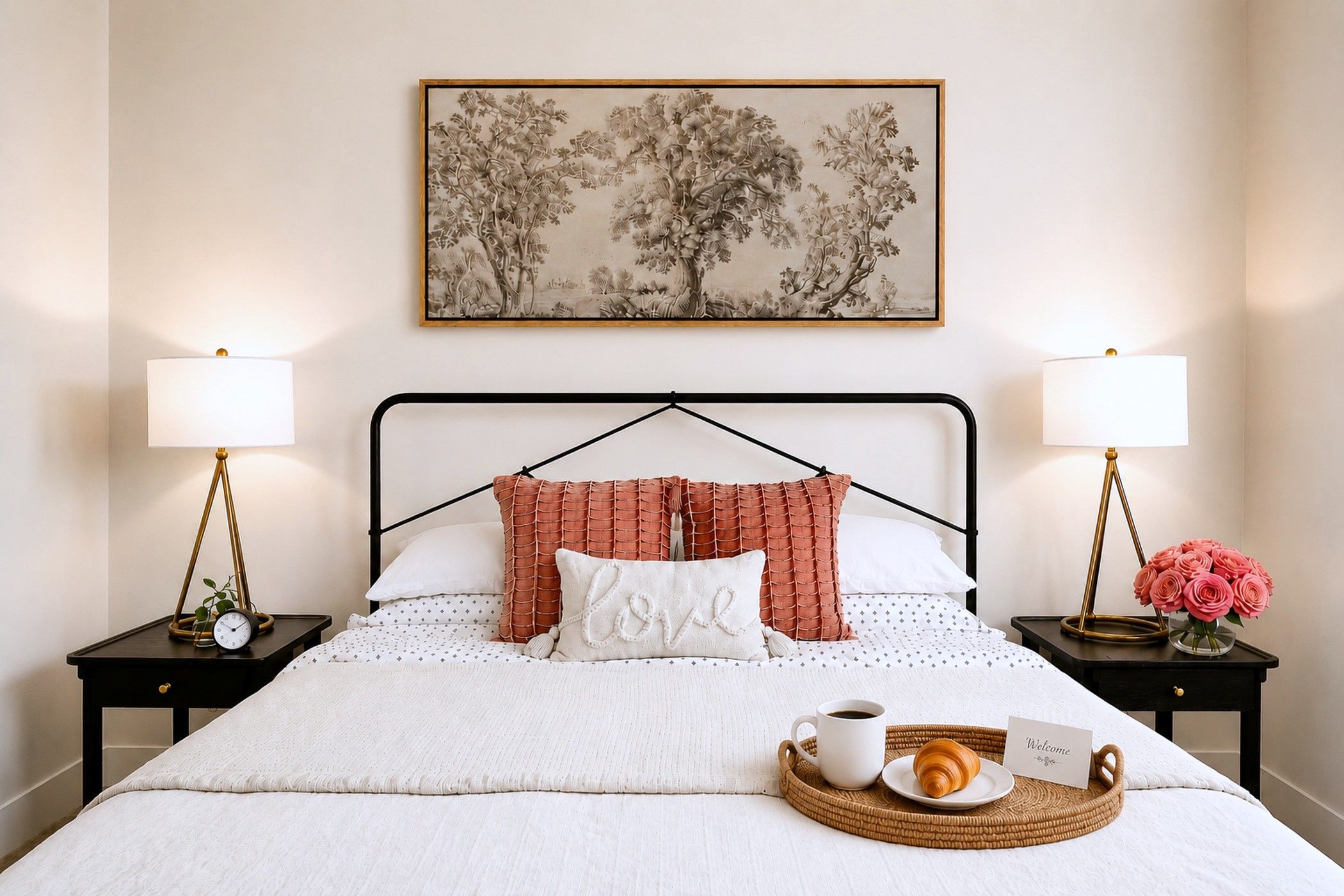 A neatly made bed with a white comforter, a decorative pillow with the word 'love,' and a bedside table with a lamp and a small clock.