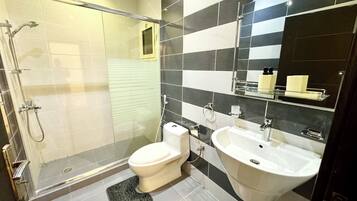 Shower, bidet, towels, soap